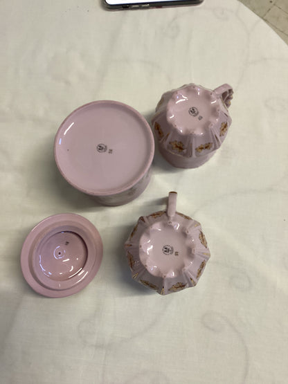 Pink Hand Painted Porcelain tea cups and sugar bowl set