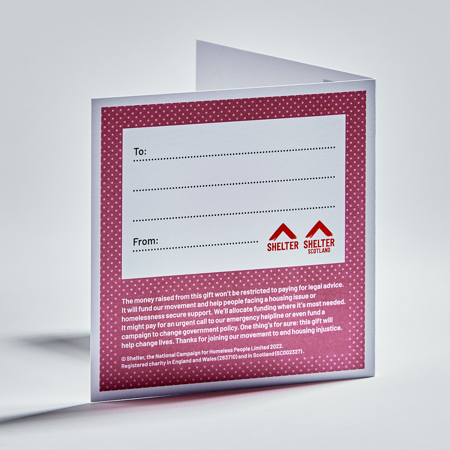 Back page of pink Shelter charity gift card
