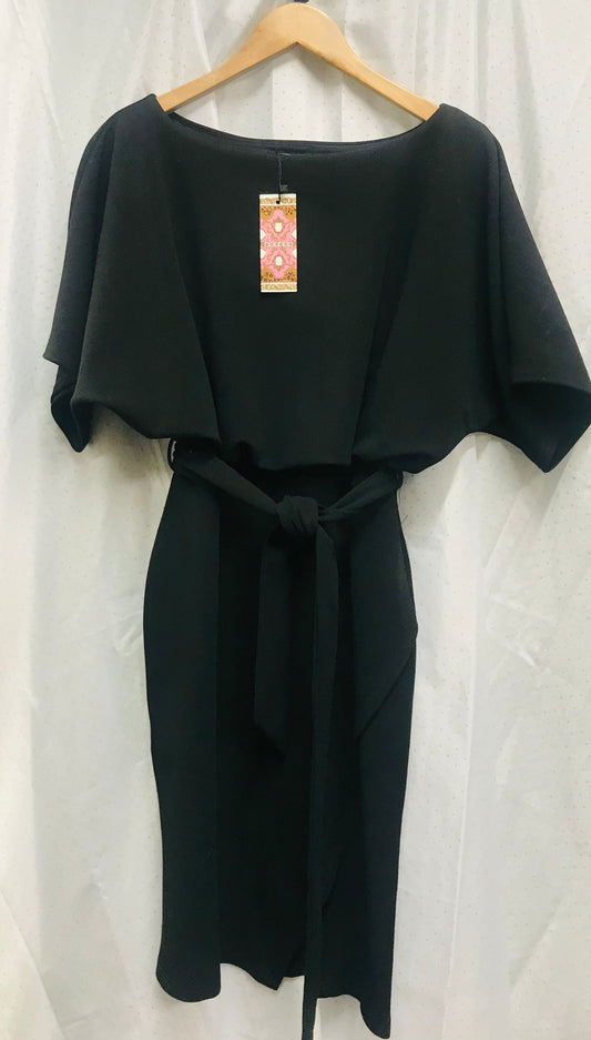 Boohoo BNWT Size 16 Black Wide Necked MIDI Belted Dress