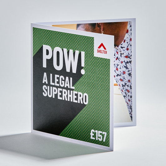 Bright green card reading "a legal superhero!"