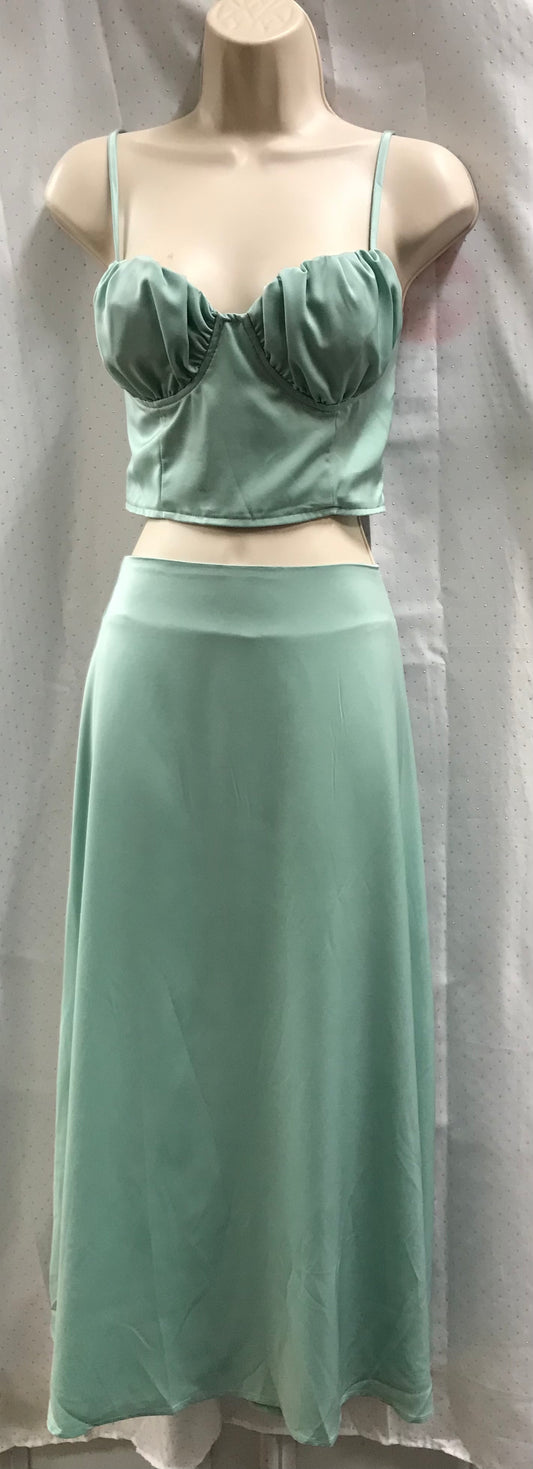 BNWT Boohoo Satin Ruched Bralette and Slip Skirt in Mint Green