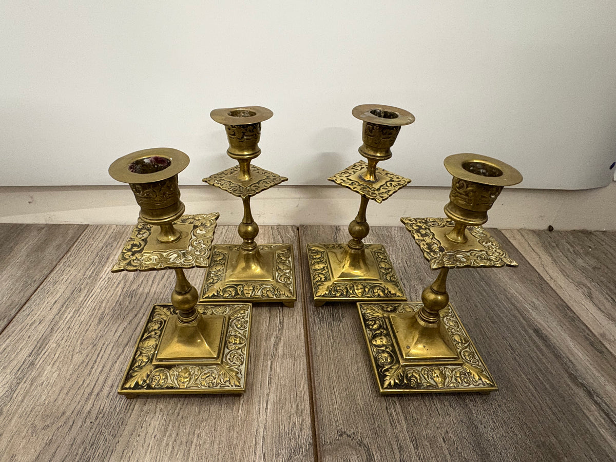 Antique Victorian Ornate Gothic Brass Candlesticks - Set of 4