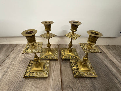 Antique Victorian Ornate Gothic Brass Candlesticks - Set of 4
