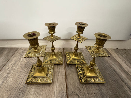 Antique Victorian Ornate Gothic Brass Candlesticks - Set of 4
