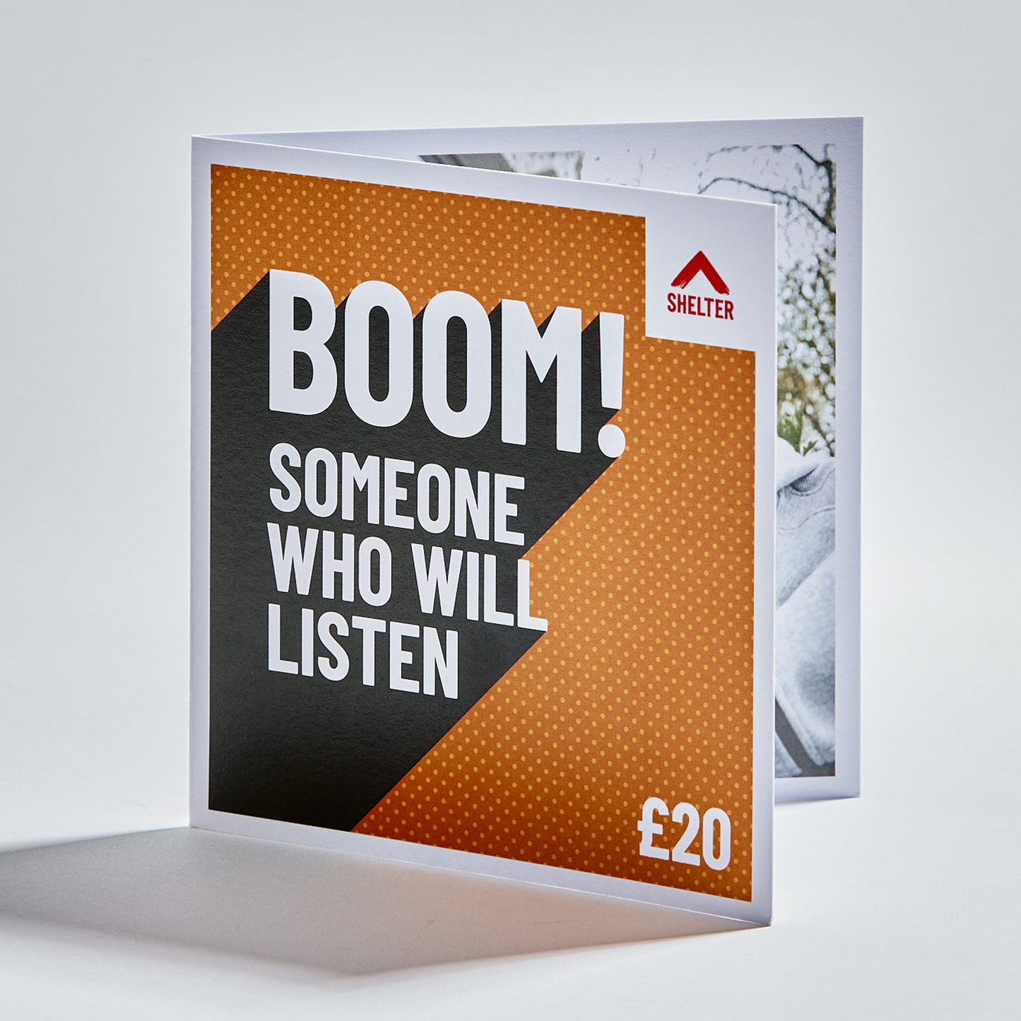 Orange card with bold writing "Someone who will listen"