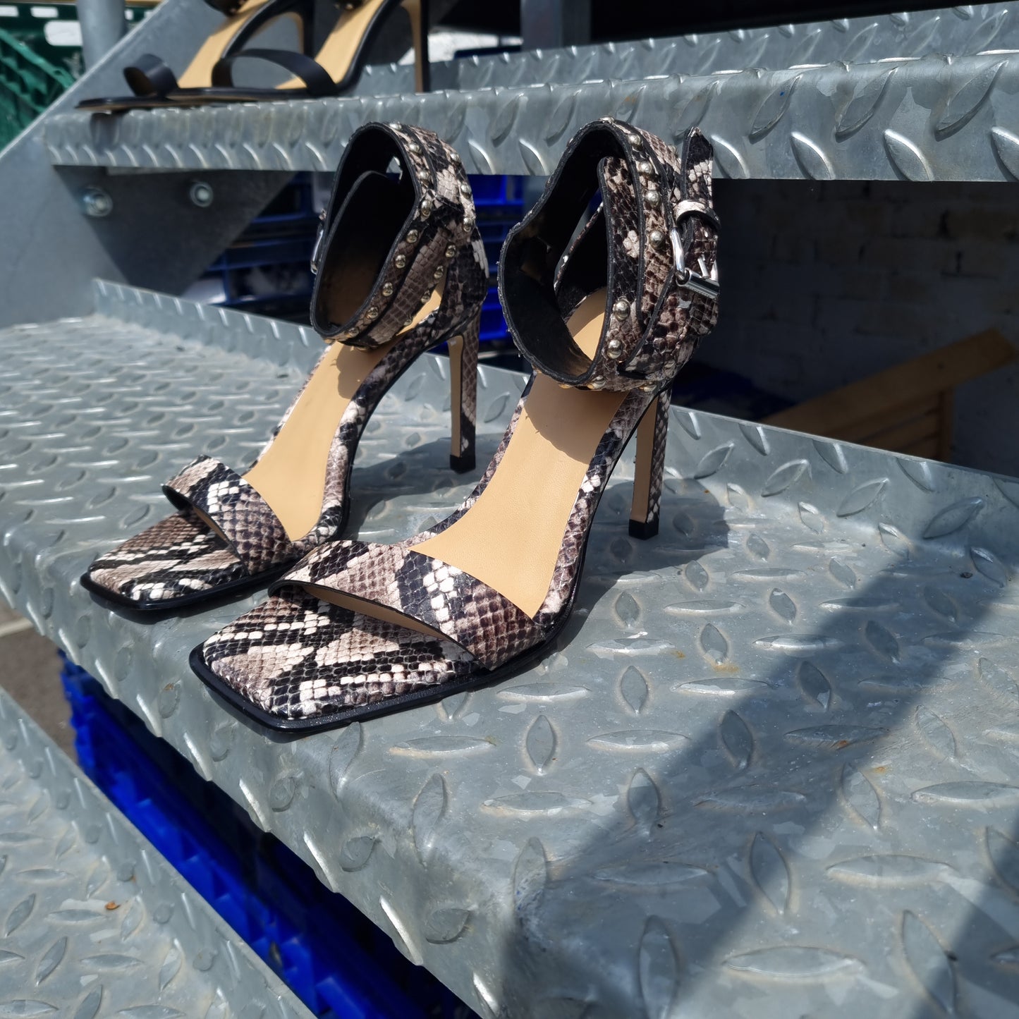 AllSaints Alma Snake Effect Leather Sandals Taupe Grey UK 3