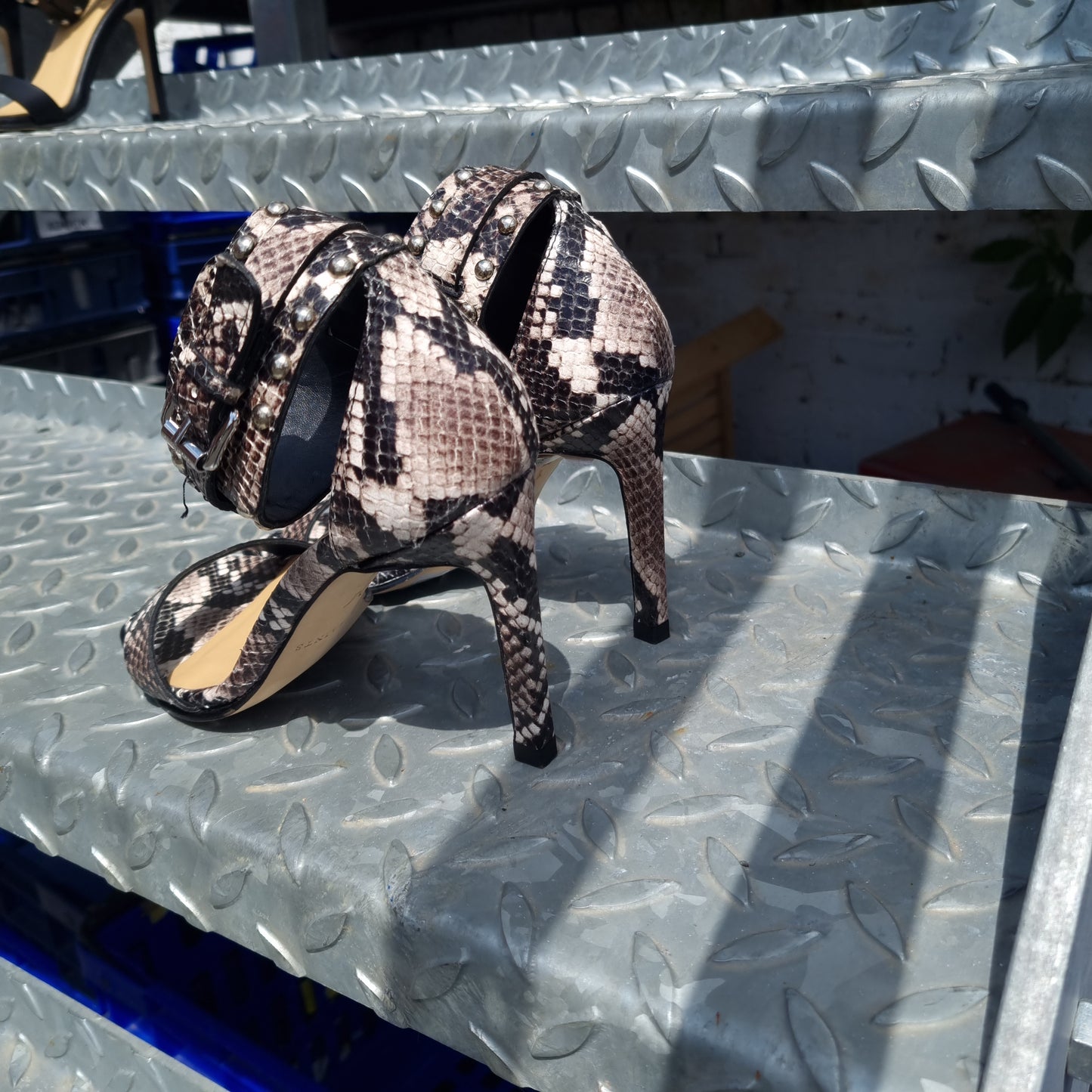 AllSaints Alma Snake Effect Leather Sandals Taupe Grey UK 3