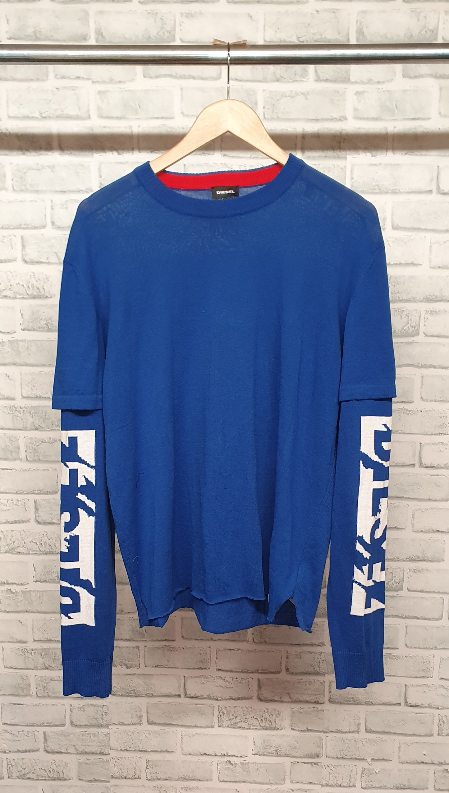 Diesel Fine Knit Long Sleeve Detail Raw Hem Blue T-Shirt Size Medium