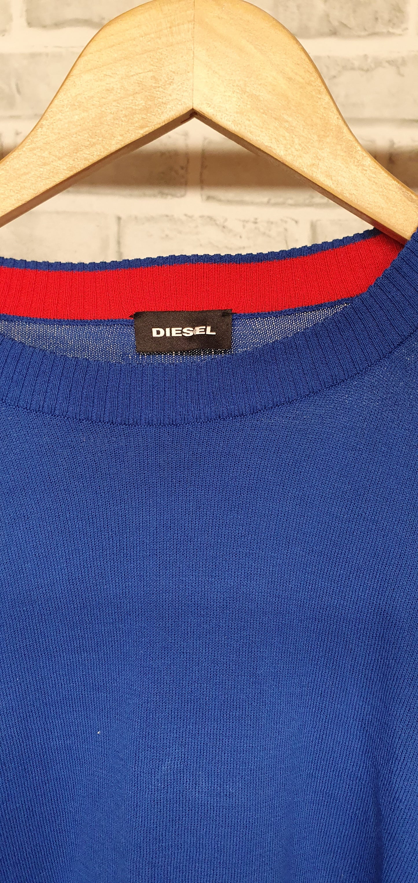 Diesel Fine Knit Long Sleeve Detail Raw Hem Blue T-Shirt Size Medium