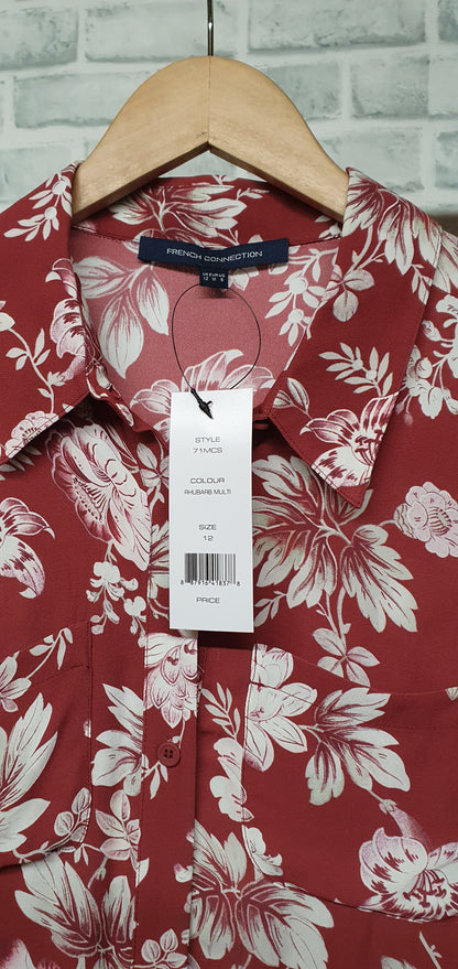 French Connection Red Floral Midi Shirt Dress Size 12 BNWT