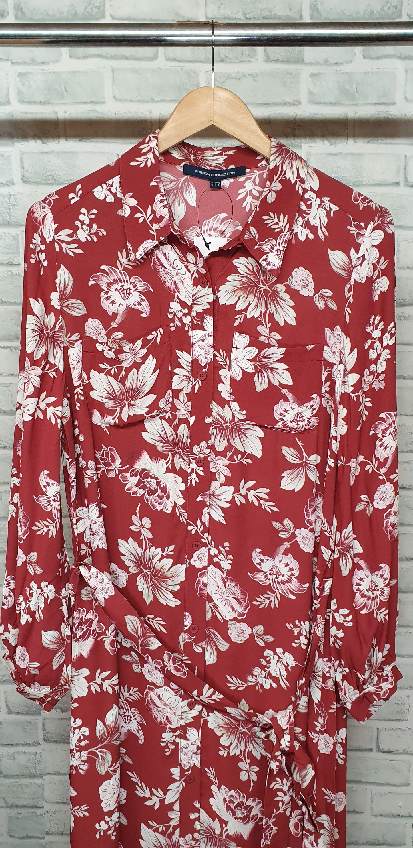 French Connection Red Floral Midi Shirt Dress Size 12 BNWT