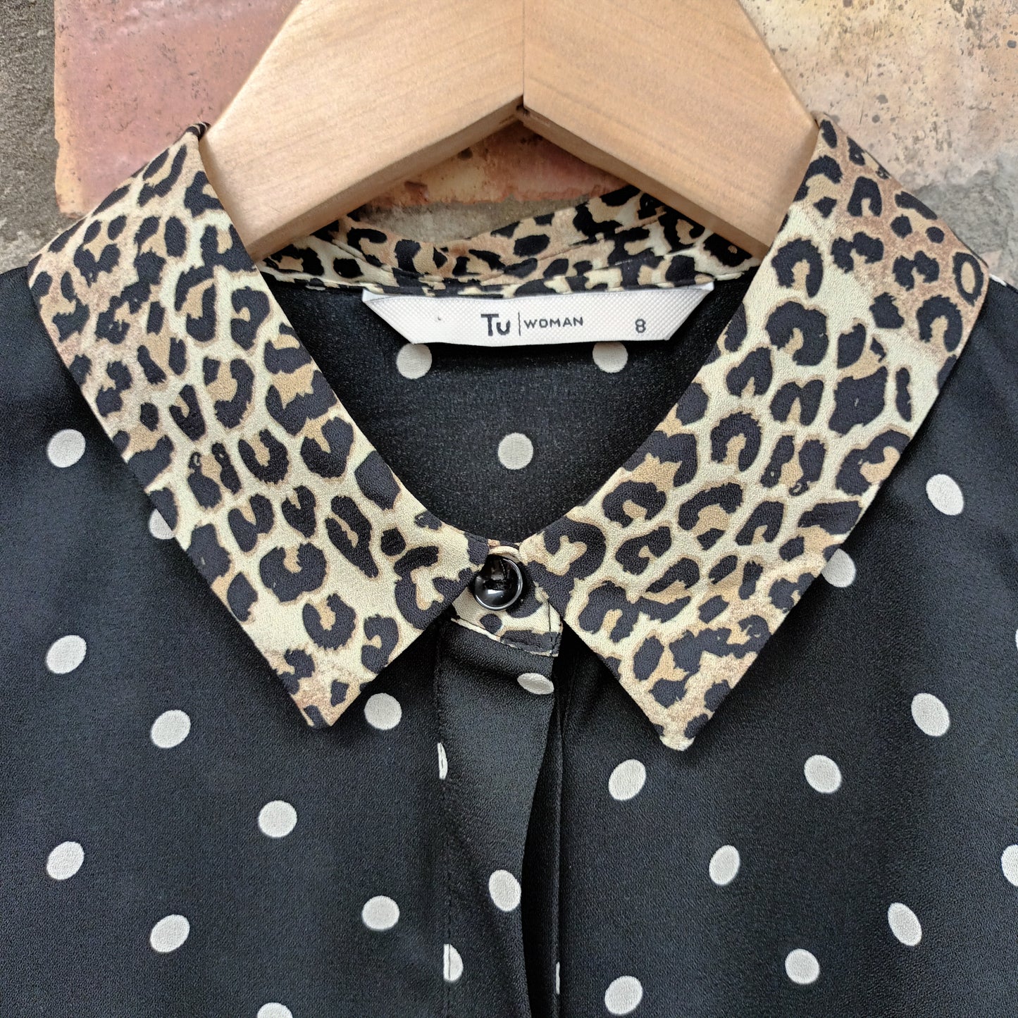 TU Size 8 Black Polka Dot Leopard Print Shirt