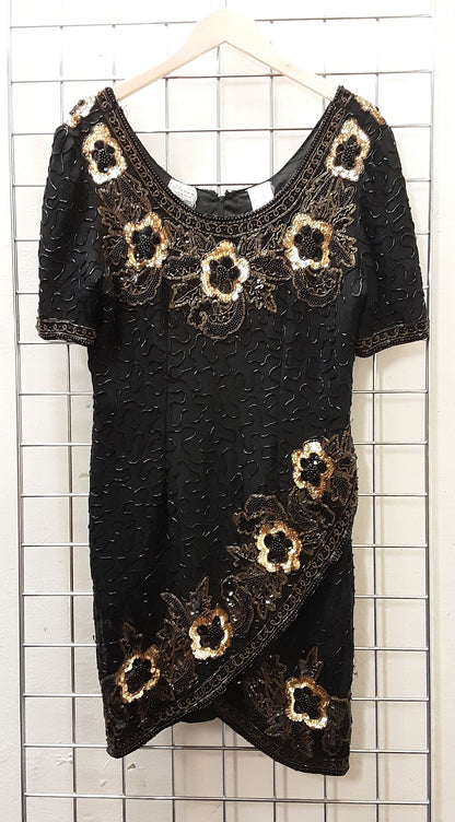 Sténay Vintage Black and Gold Silk Beaded Dress size 12