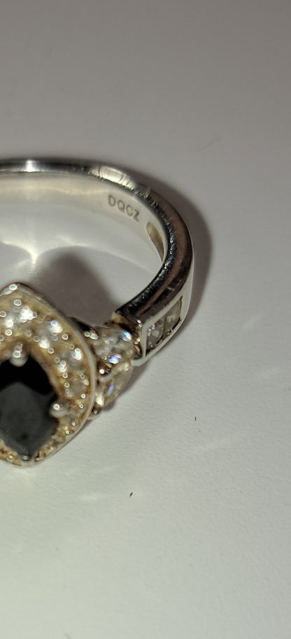 Sterling Silver Cubic Zirconia and Onyx Vintage Dress / Engagement Ring Boxed