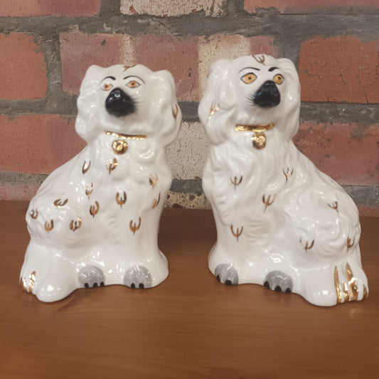 A Pair Of Small White & Gold Beswick Mantle Dogs