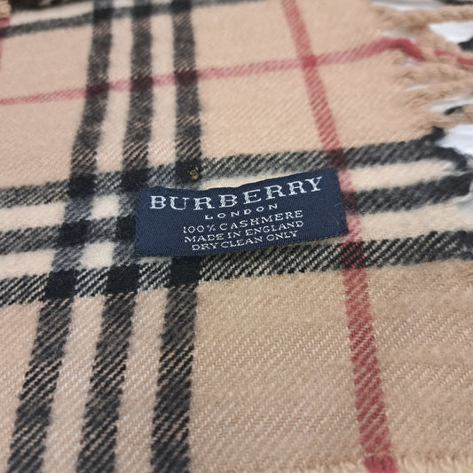 Burberry Of London Camel Nova Check Fringed 100% Cashmere Happy Scarf Narrow Design Length 51 inch Width 6 inch