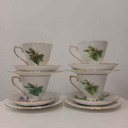 Roslyn Fine Bone China Wheatcroft Roses Trio Set Of 4 Tea Cups Saucers & Plates