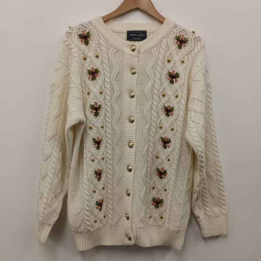 Chunky Cable Knit Cream Cardigan Floral Embroidery Free Size