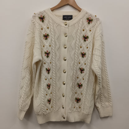 Vintage Chunky Cable Knit Cream Cardigan Floral Embroidery Free Size