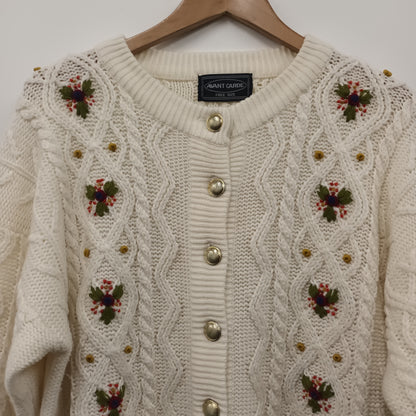 Chunky Cable Knit Cream Cardigan Floral Embroidery Free Size