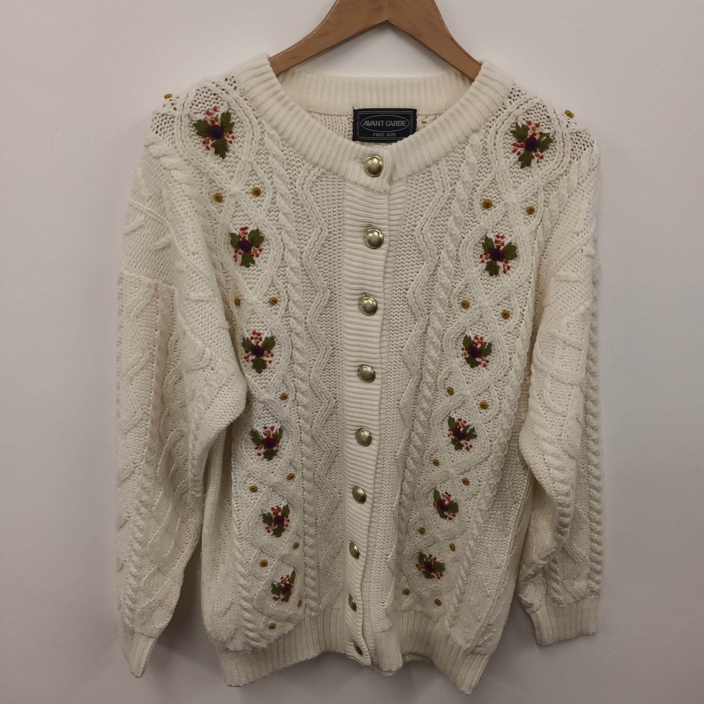 Chunky Cable Knit Cream Cardigan Floral Embroidery Free Size