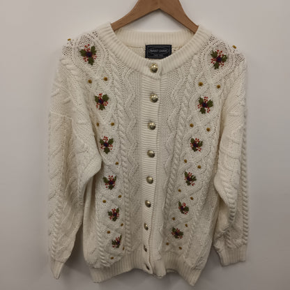 Vintage Chunky Cable Knit Cream Cardigan Floral Embroidery Free Size