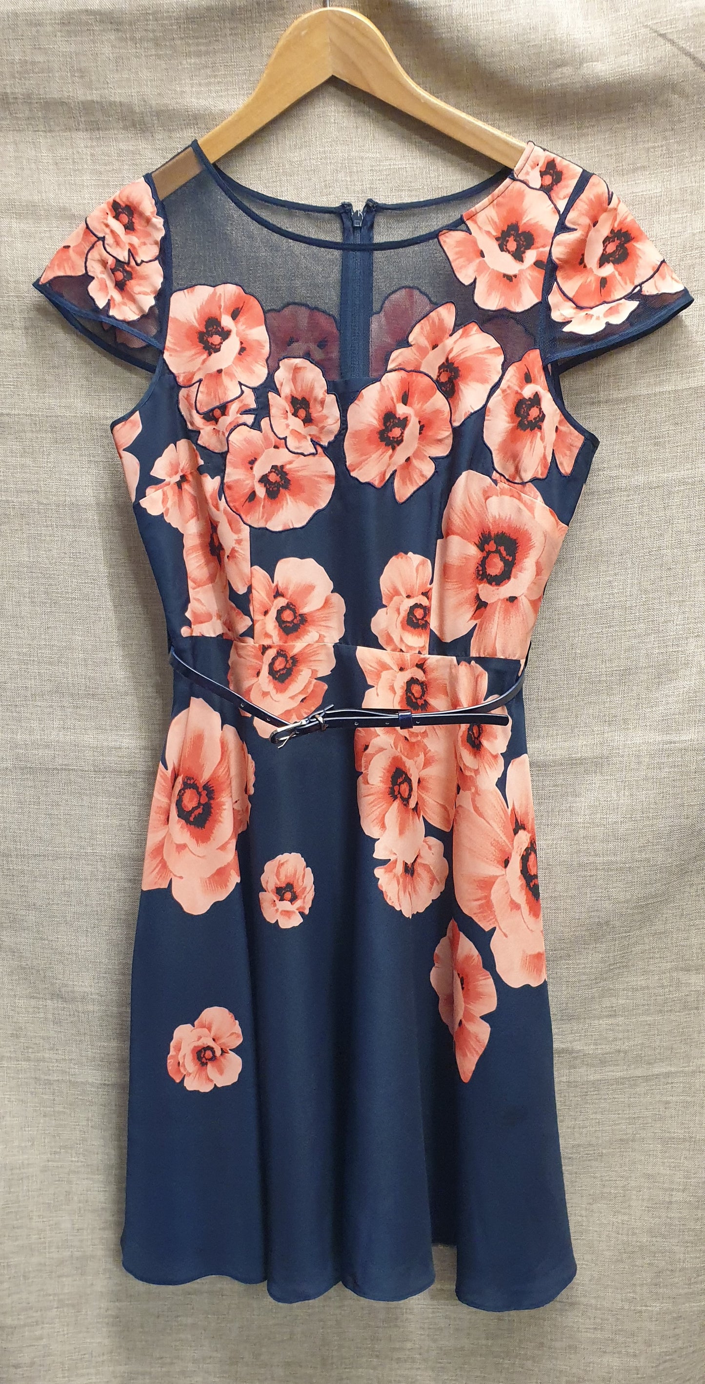 Coast Navy with Coral Pink Floral Skater Style Dress UK 10