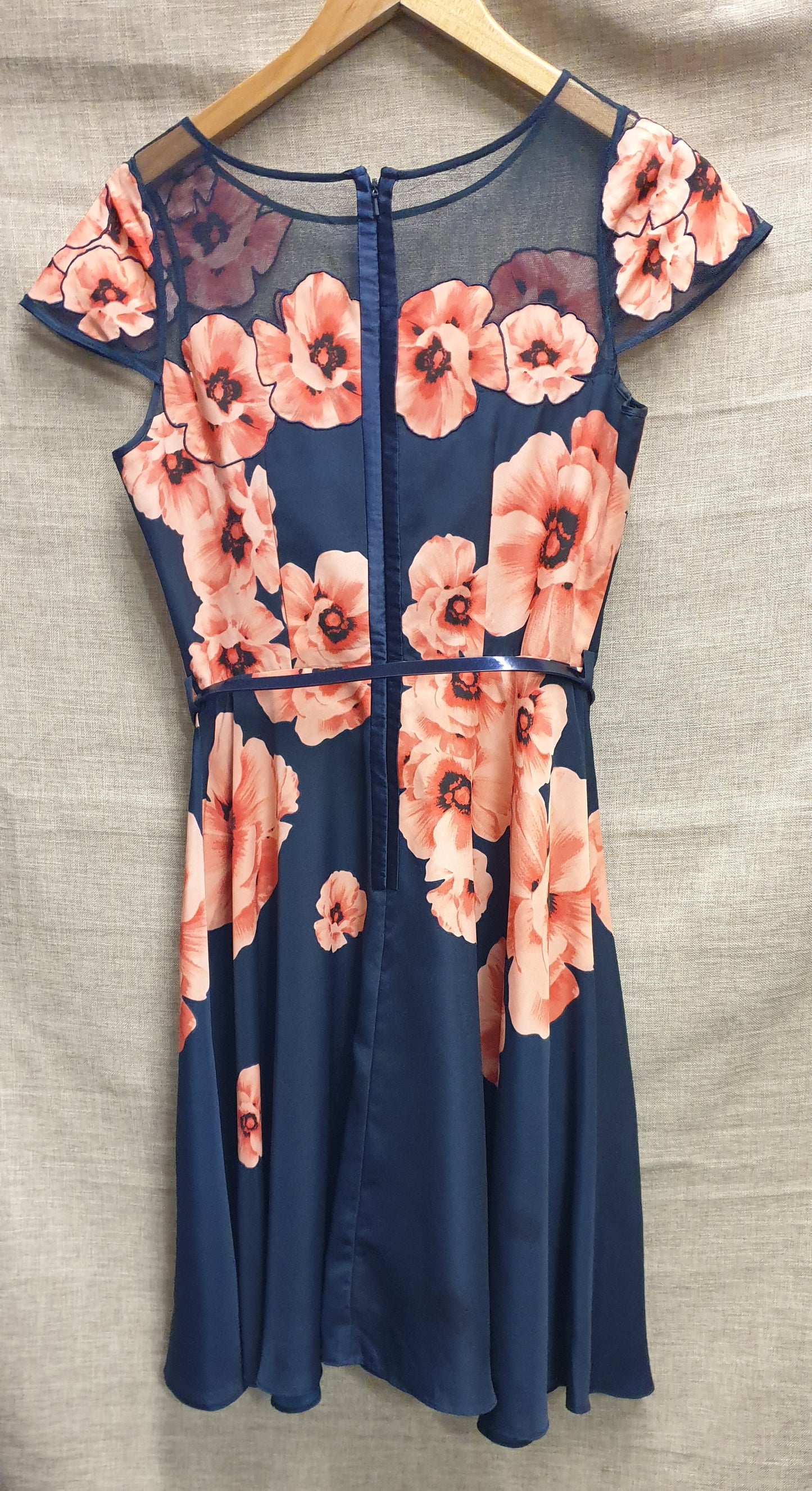 Coast Navy with Coral Pink Floral Skater Style Dress UK 10