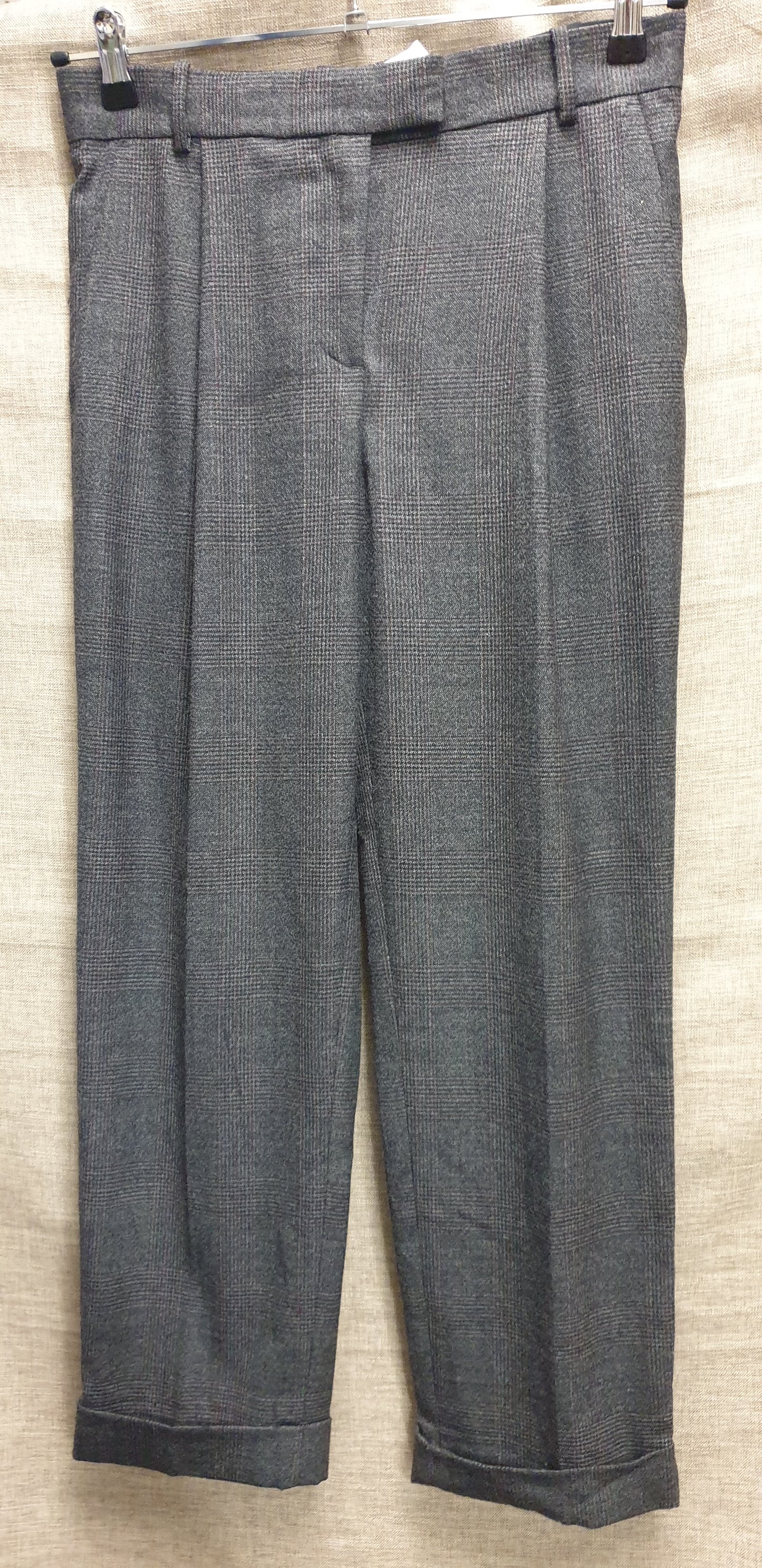 All Saints Grey Checked Wide Leg Wool Mix Trousers UK 6