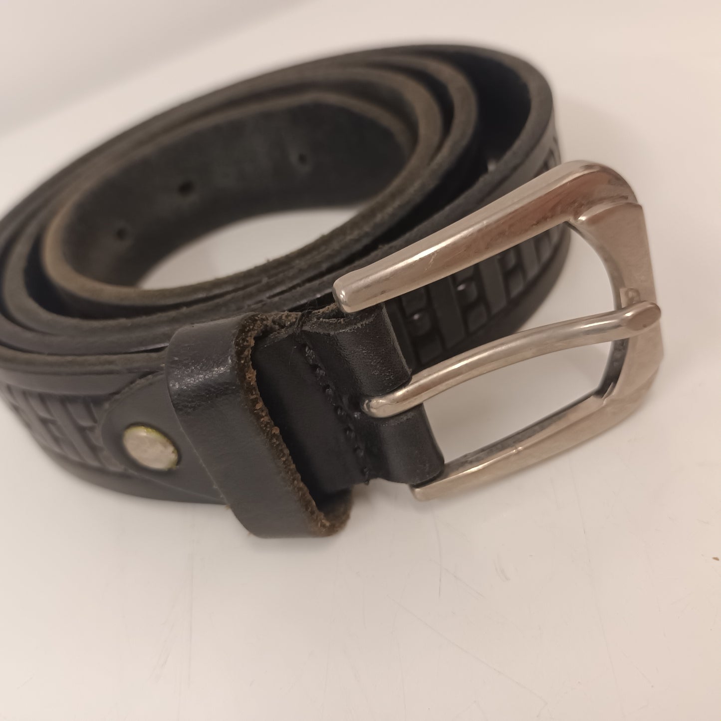 Vintage Large Black Leather Belt With Silver Buckle