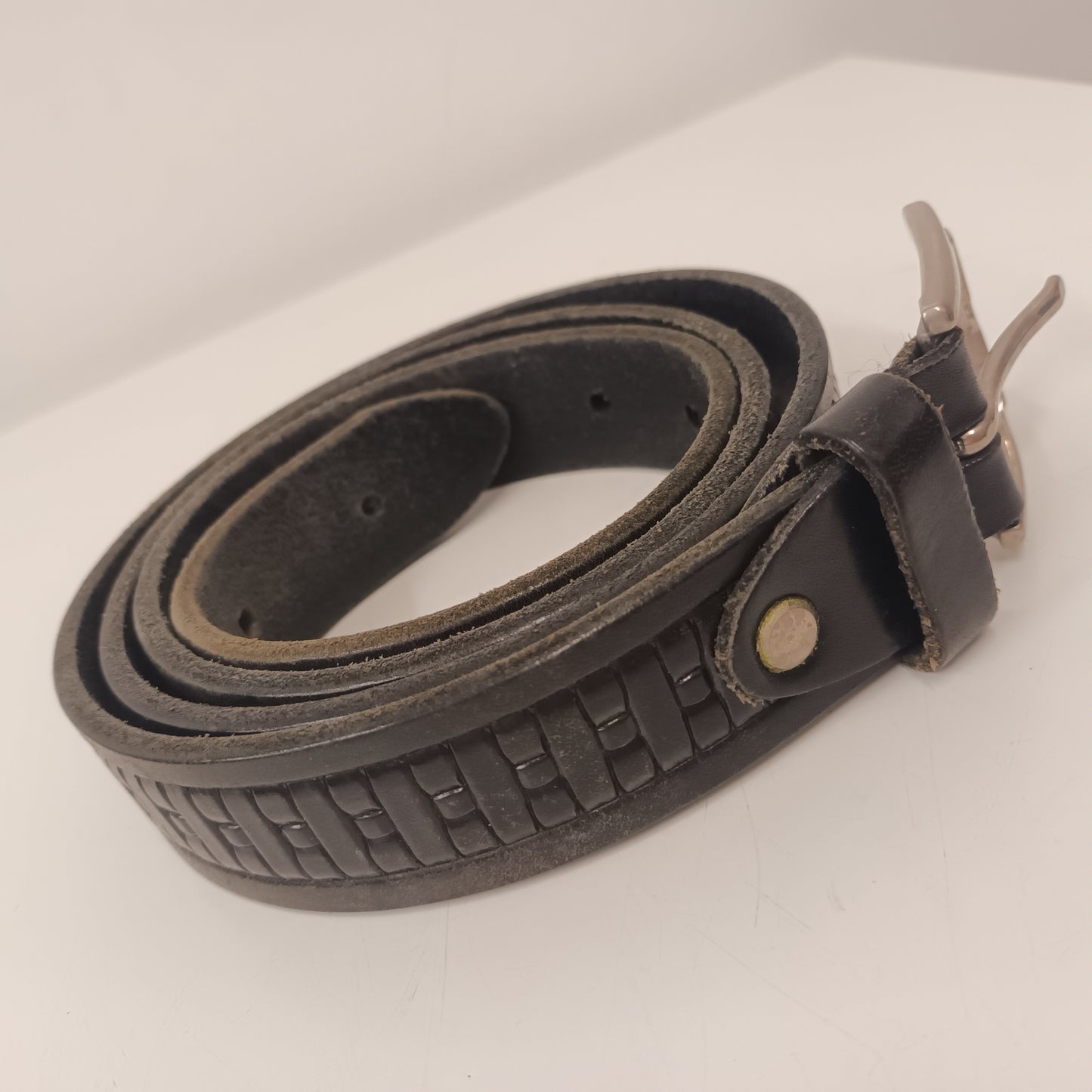 Vintage Large Black Leather Belt With Silver Buckle