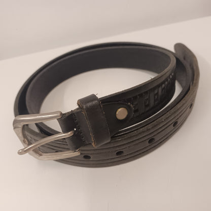 Vintage Large Black Leather Belt With Silver Buckle