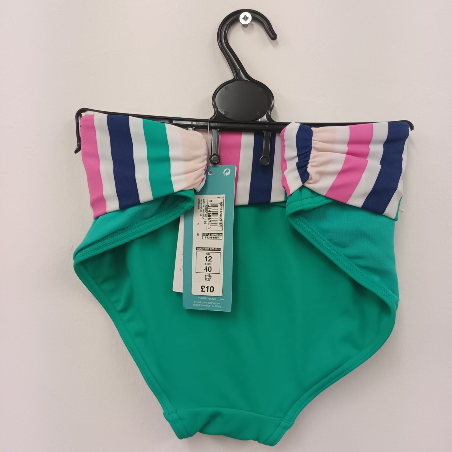 BNWT M&S Size 12 / 16 Candy Stripe Bikini Top & 2 Bottoms Set