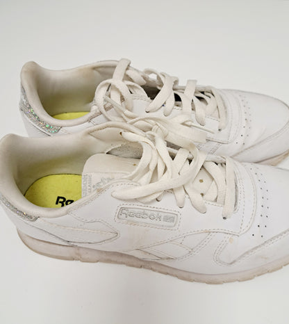 Reebok Classic Leather Ortholite White Trainers With Silver Heel Uk Size 5.5