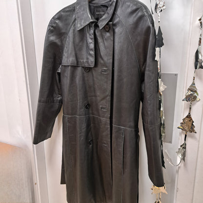 Vintage Soft Black Leather House Of Frazer Double Breasted Trench Coat Loose Tie Belt Back Zip 100%Leather Size Large