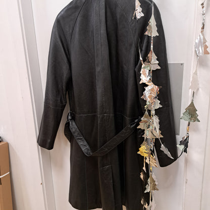 Vintage Soft Black Leather House Of Frazer Double Breasted Trench Coat Loose Tie Belt Back Zip 100%Leather Size Large