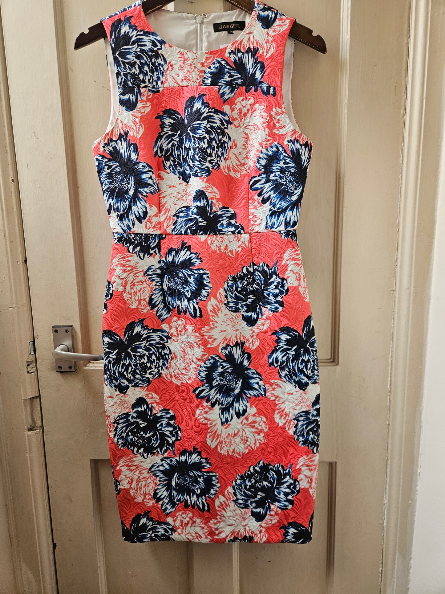 Jaeger Vibrant Coral Blue Floral Knee Length Dress - Size 8 - Excellent Condition