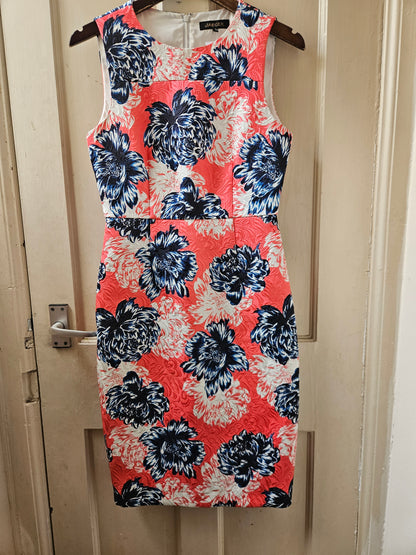 Jaeger Vibrant Coral Blue Floral Knee Length Dress - Size 8 - Excellent Condition