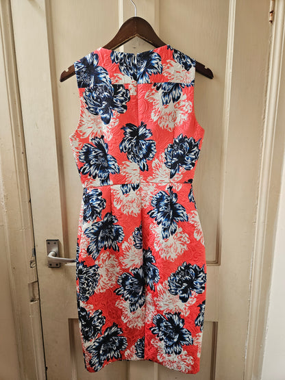 Jaeger Vibrant Coral Blue Floral Knee Length Dress - Size 8 - Excellent Condition