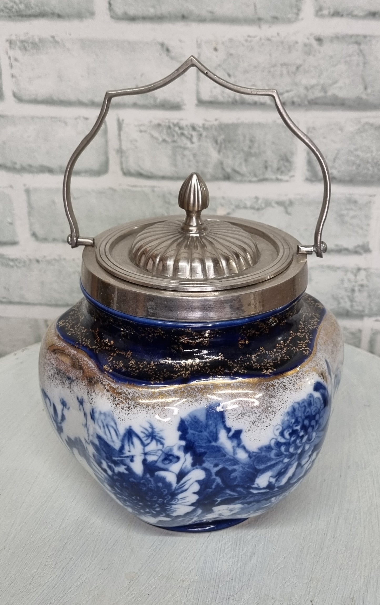 Vintage Victoria Ware Blue and Gold Biscuit Barrel