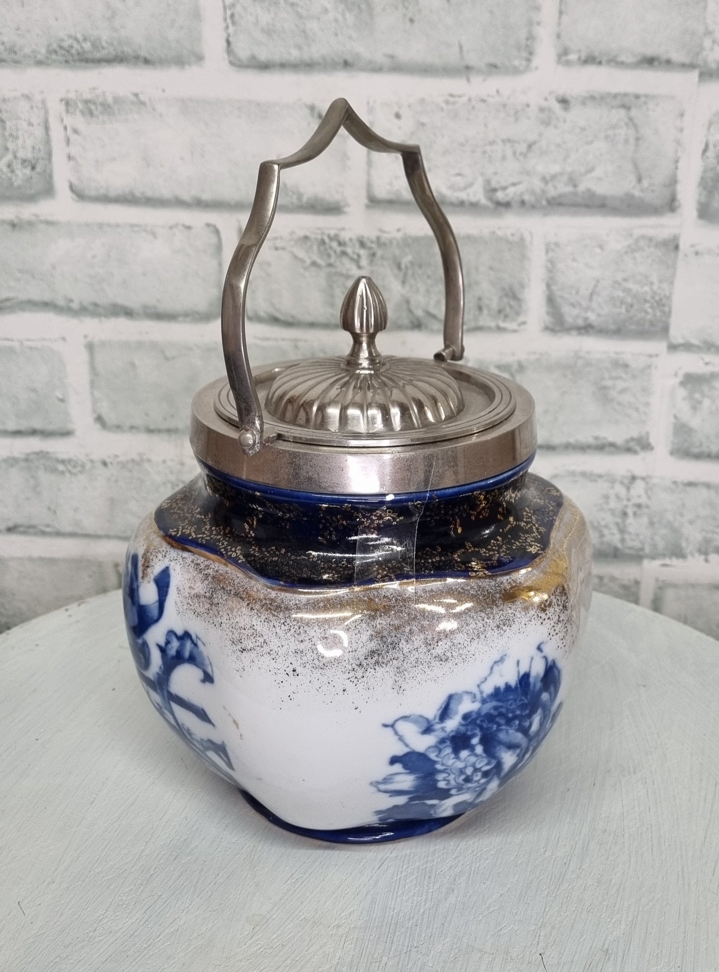 Vintage Victoria Ware Blue and Gold Biscuit Barrel