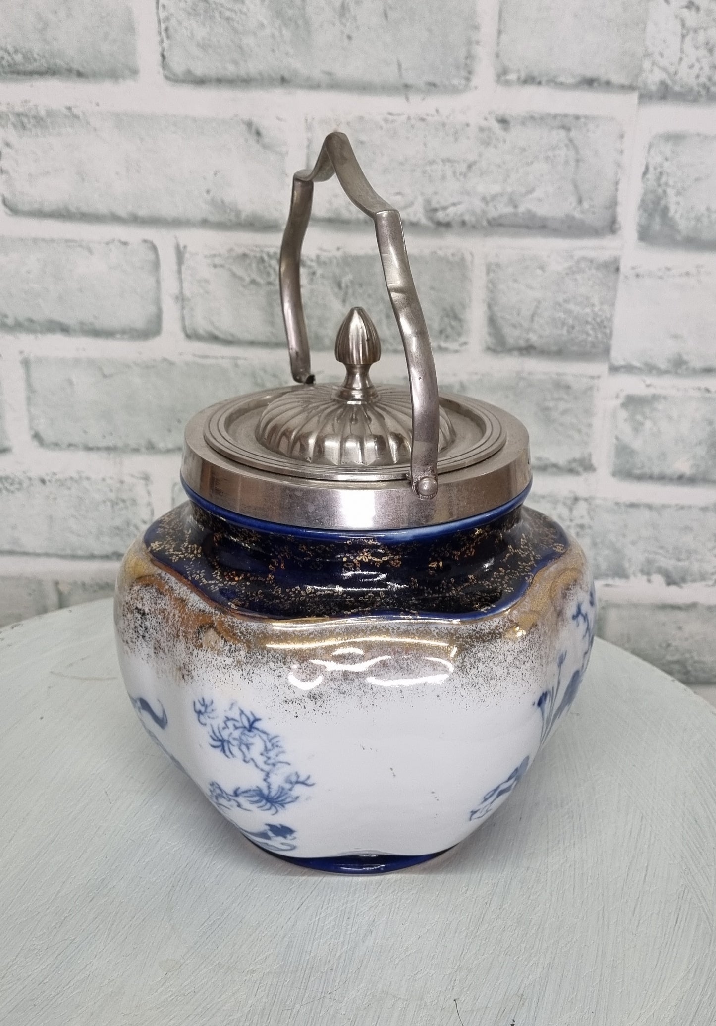 Vintage Victoria Ware Blue and Gold Biscuit Barrel