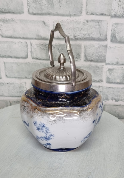 Vintage Victoria Ware Blue and Gold Biscuit Barrel