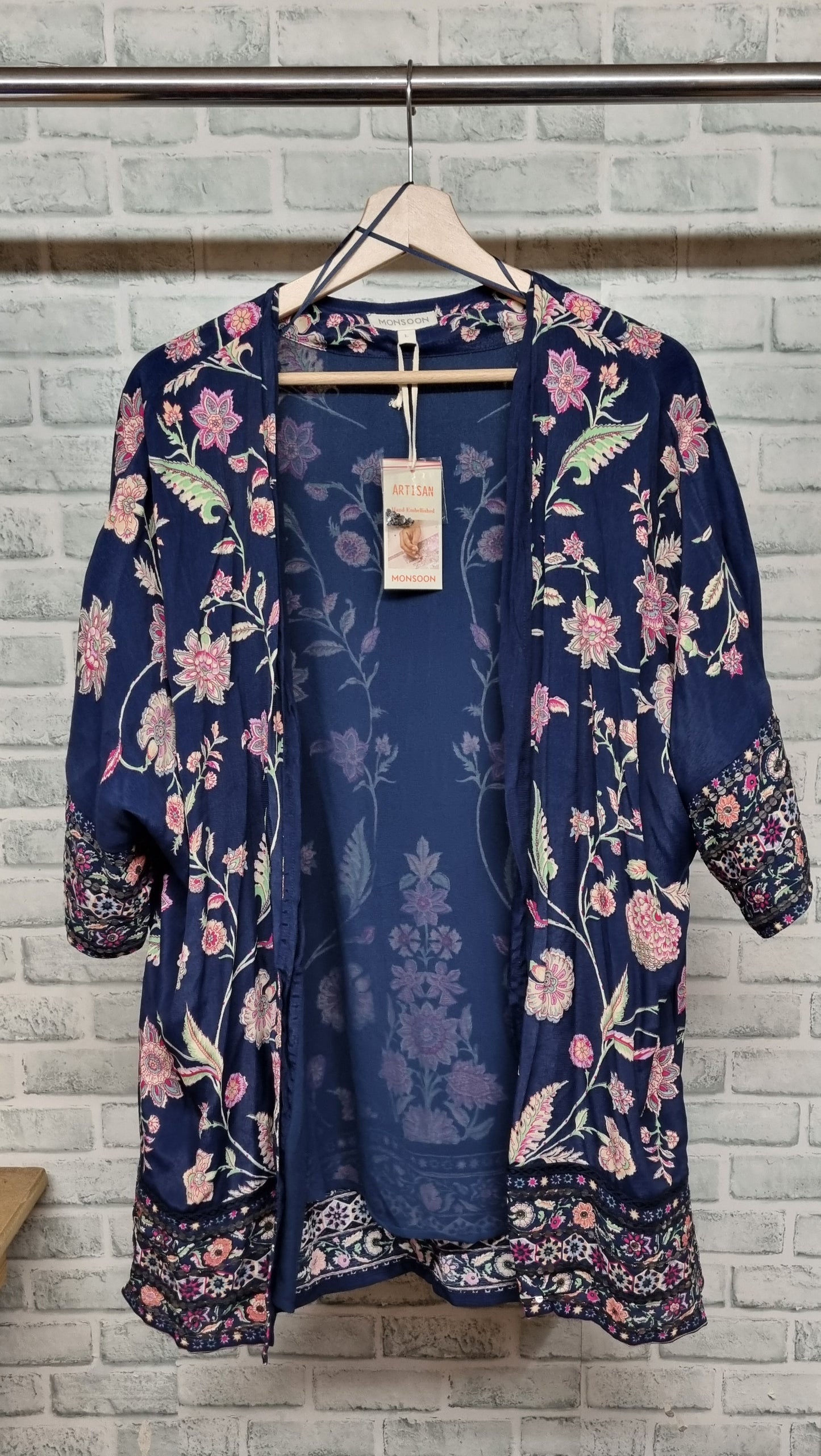 Monsoon Hand-Embellished Navy Floral Open Light Jacket Size Large BNWT