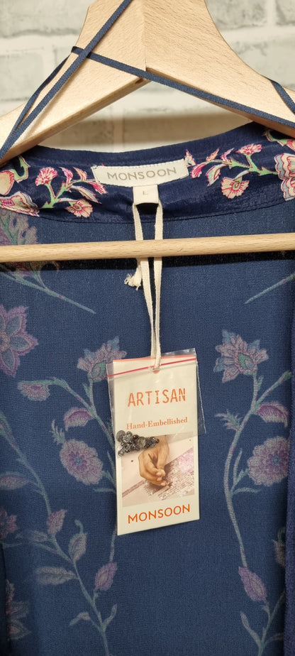 Monsoon Hand-Embellished Navy Floral Open Light Jacket Size Large BNWT