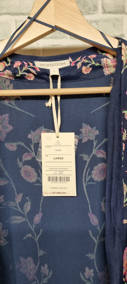 Monsoon Hand-Embellished Navy Floral Open Light Jacket Size Large BNWT