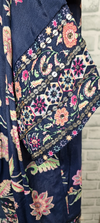 Monsoon Hand-Embellished Navy Floral Open Light Jacket Size Large BNWT