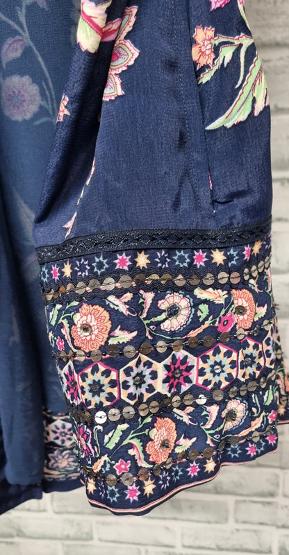 Monsoon Hand-Embellished Navy Floral Open Light Jacket Size Large BNWT