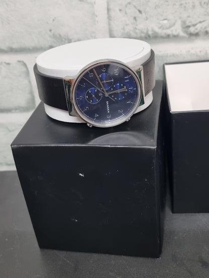 Skagen Blue and Silver Dial Black Leather Strap Watch
