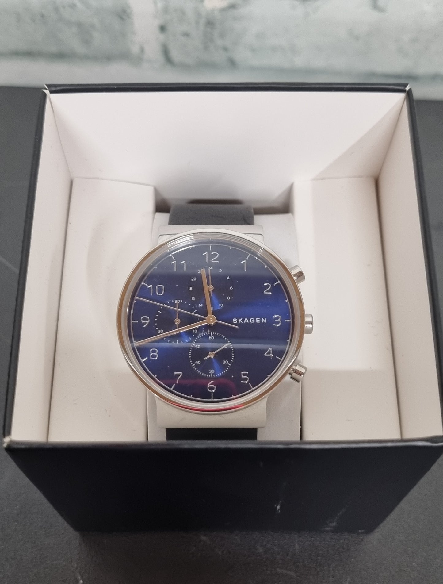 Skagen Blue and Silver Dial Black Leather Strap Watch